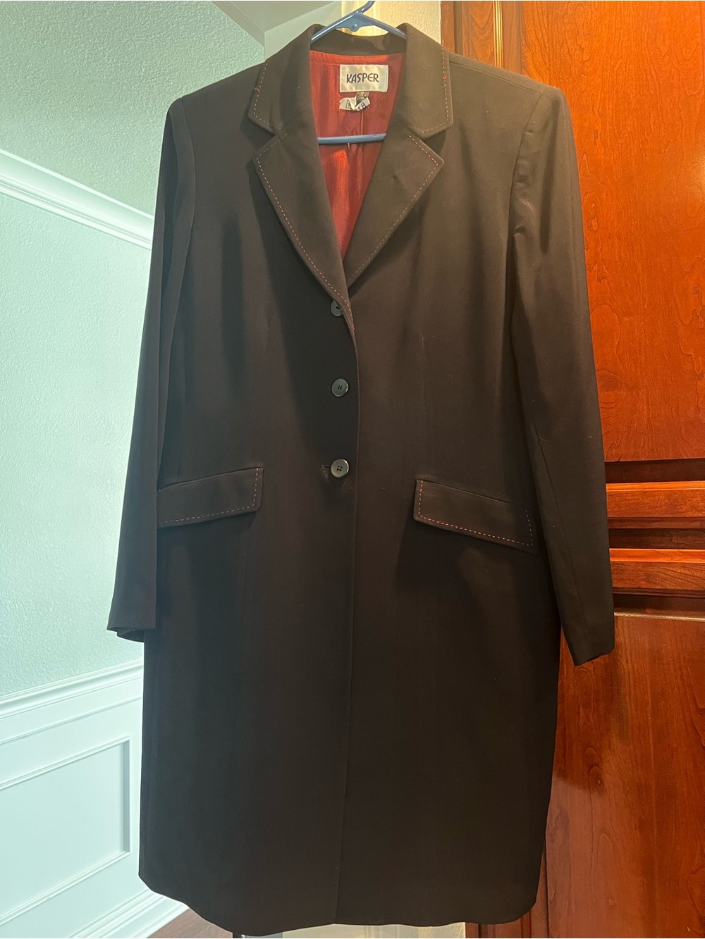 Kasper Black Trench Coat with Contrast Stitching